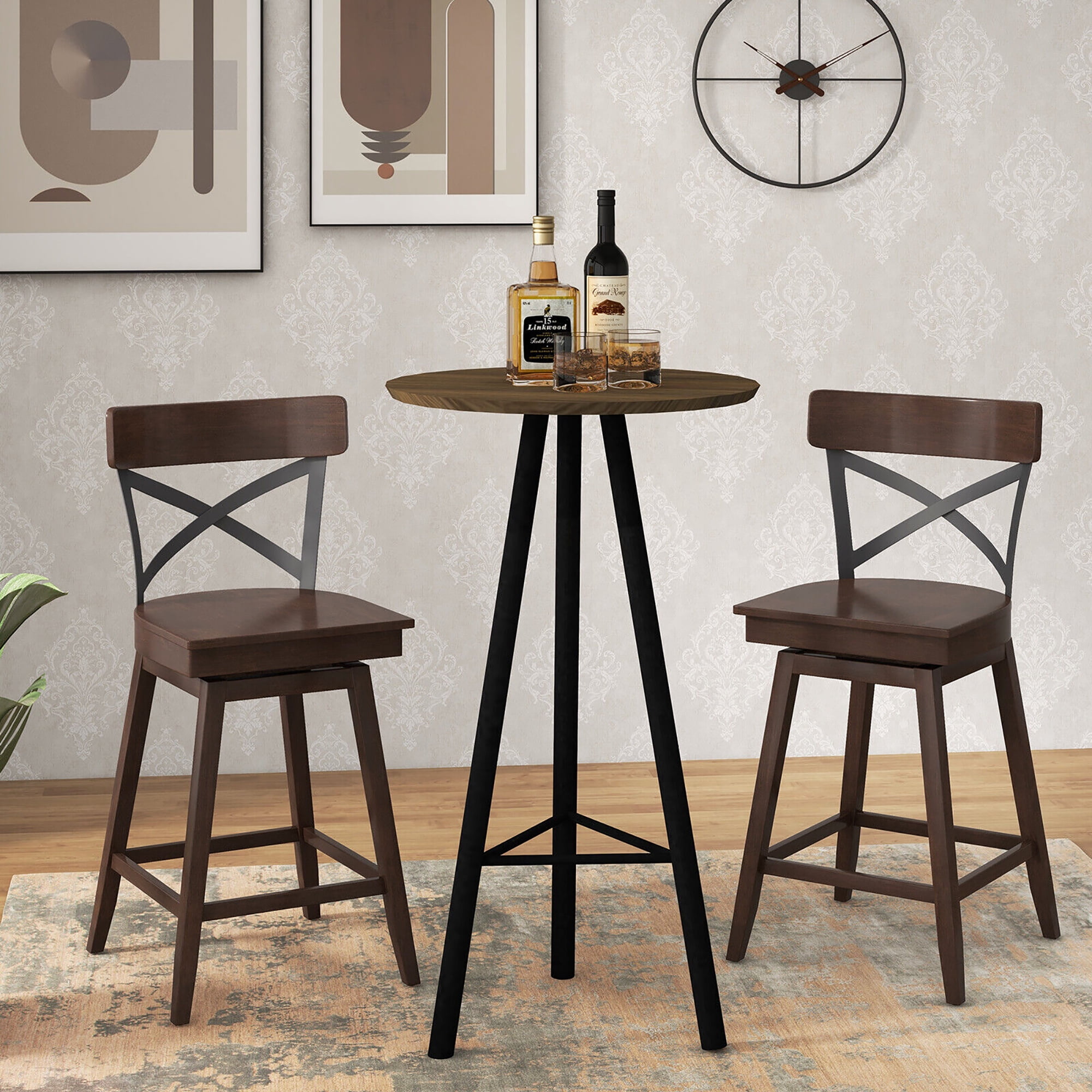 Gymax Set of 4 Wooden Swivel Bar Stools Counter Height Kitchen Chairs w/ Back Brown