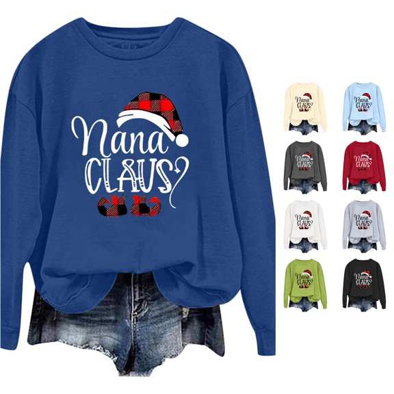 Women Light Blue Nana Claus Christmas Graphic Crewneck Sweatshirt with Santa Hat Festive Holiday Pullover