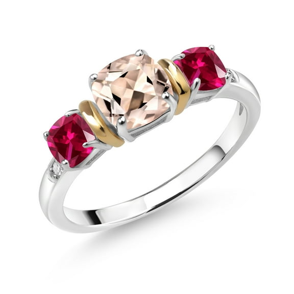 Gem Stone King 1.57 Ct Peach Morganite Red Created Ruby 925 Silver and 10K Yellow Gold Diamond 3-Stone Ring (Size 9)