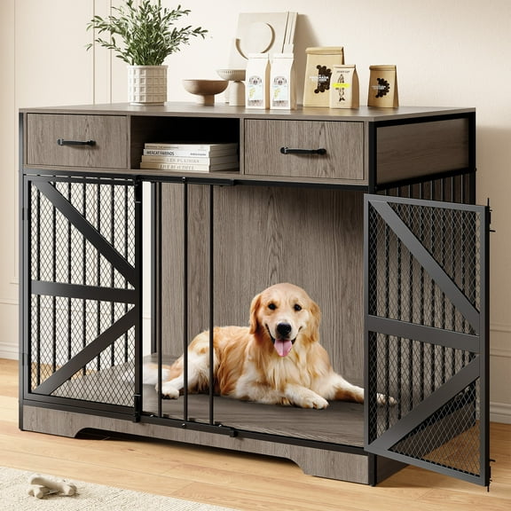 Fatmok 44" Large Dog Crate Furniture with 2 Drawers, Wooden Heavy Duty Dog Kennel TV Stand for Medium and Large Dogs, Multi-Functional Indoor Decorative Pet Furniture, Grey