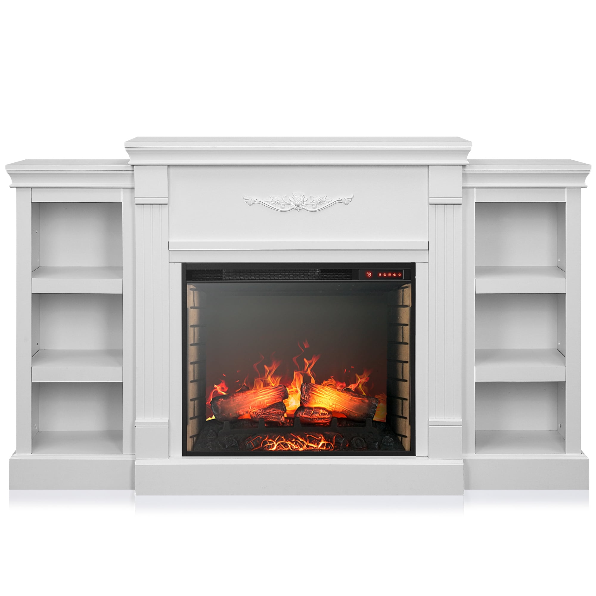 BELLEZE 70" Mantel TV Stand Entertainment Center For TVs up to 68" with 28" Fireplace - Lenore (White)