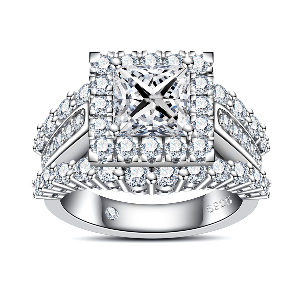 AnuClub Princess Cut Moissanite Engagement Rings 3.884cttw D Color VVS1 925 Sterling Silver 3 Rows Vintage Halo Wedding Promise Statement Rings for Women