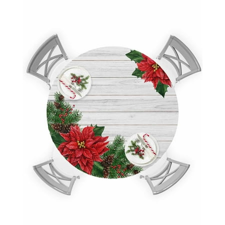 

Round Tablecloth with Elastic Christmas Flower Pine Cones Red Plaid Retro Wood Grain Waterproof Table Cover Wipeable Fitted Table Cloths for 36 -44 Round Tables Dining Kitchen Indoor Outdoor Use