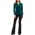 thumbnail image 2 of INSPIRE CHIC Women's Velvet V Neck Long Sleeve Blouse Top XS Lake Green, 2 of 7