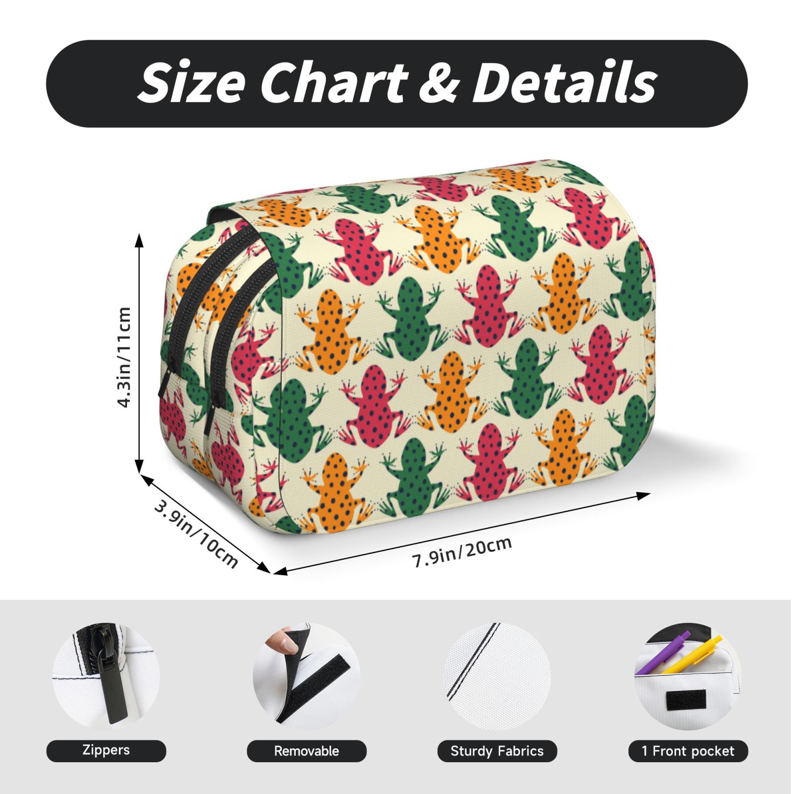 Rateoe Colorful Frogs Pattern Double Clamshell Pen Case, Storage Organizer with Two Zipper Compartments– Holds Up to 50 Pencils & Pens
