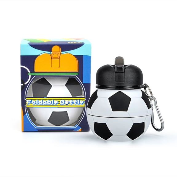 Collapsible Silicone Soccer Ball Water Bottle, 18 Oz BPA Free Leak Proof Sport Drink With Clip, Portable For Travel Gym Circle Water Bottle (Black, 18 Oz)