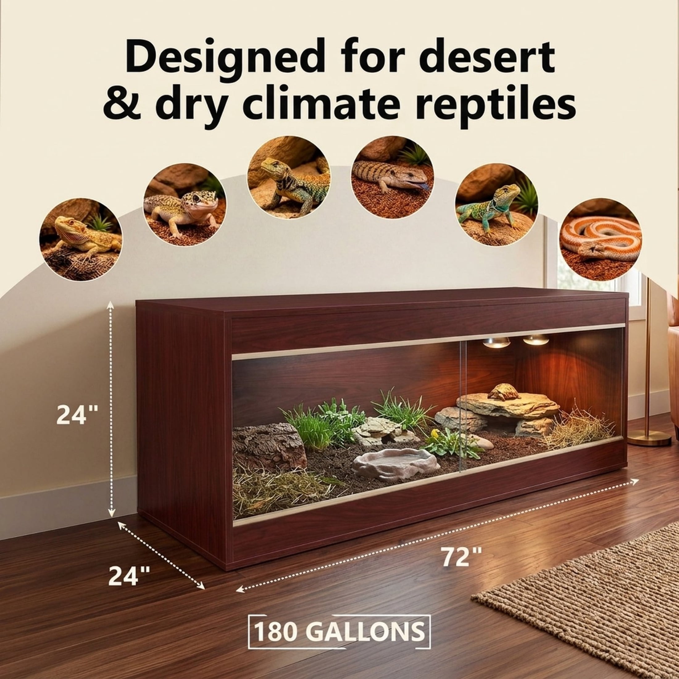 Crawl Creations 180 Gallon Reptile Enclosure, Made in USA 72" x 24" x 24" Bearded Dragon Tank with Sliding Glass Doors, Large Terrarium for Leopard Geckos, Snakes, Lizards & Tortoises - Mahogany
