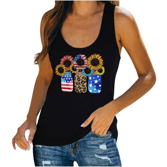 TDYHUAO American Flag Tank Tops for Women Sunflower Graphic Tees Shirts Casual Sleeveless 4th of July Shirt Patriotic Tops