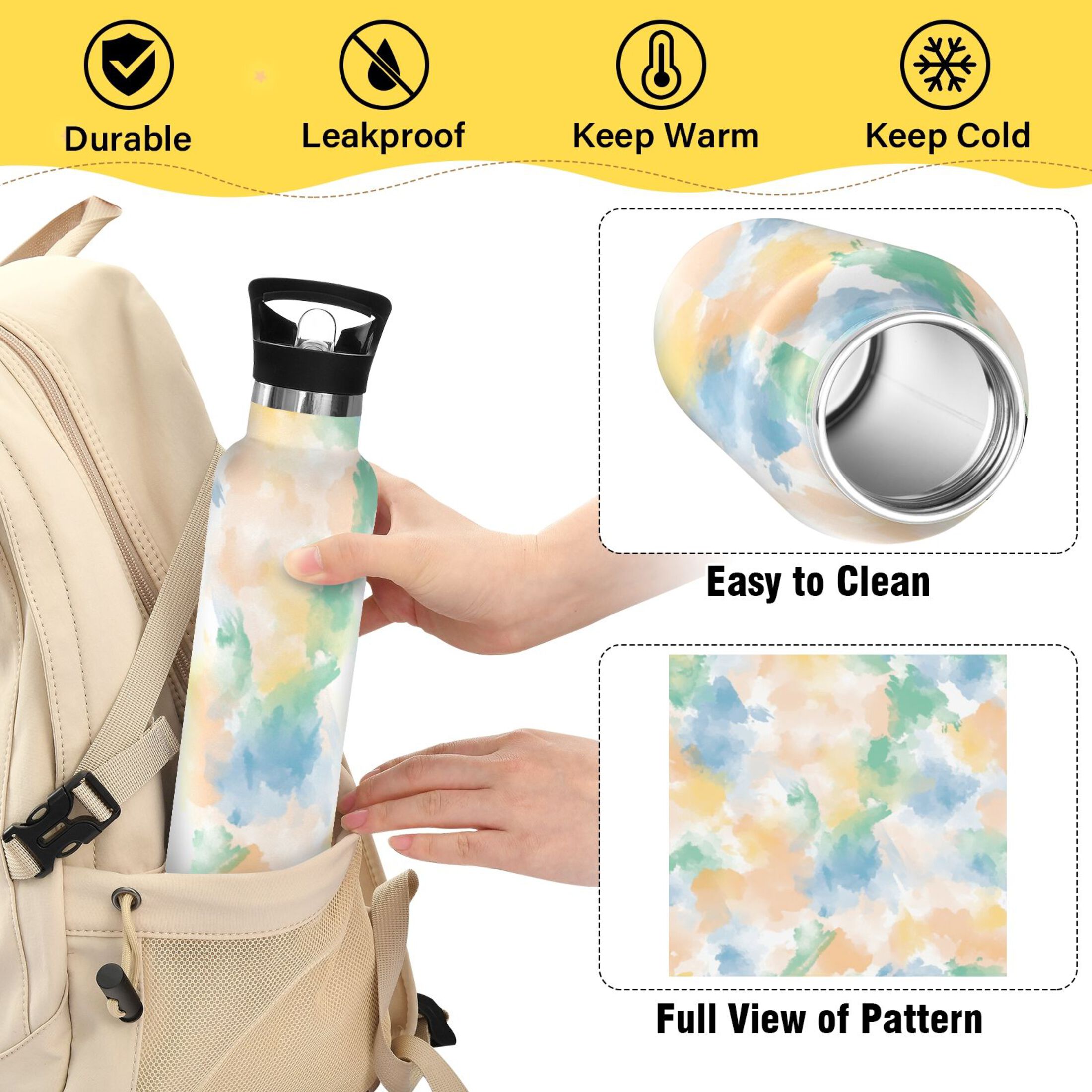 Kids Insulated Stainless Steel Sports Water Bottle 600ml (20oz) Watercolor Soft Pastel Strokes
