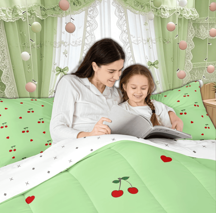 Manfei Green Cheryy Teens Full Size Comforter Sets for Kids Girls, Cartoon Princess Love Heart Bedding Comforter Set, Reversibles, 3pcs