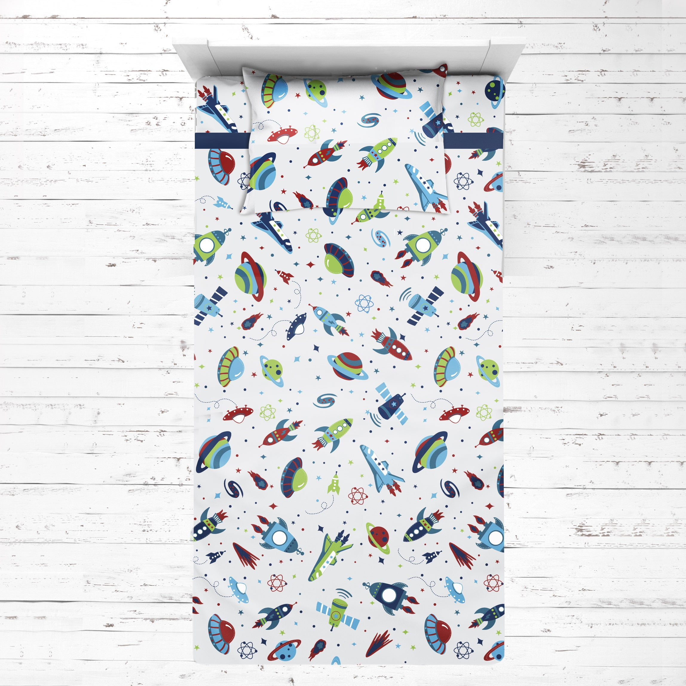 Bacati - Boys 4 pc Toddler Bedding/3 pc Sheet Set 100% Cotton Percale, Airspace Aqua/Red/Orange/Green/Navy