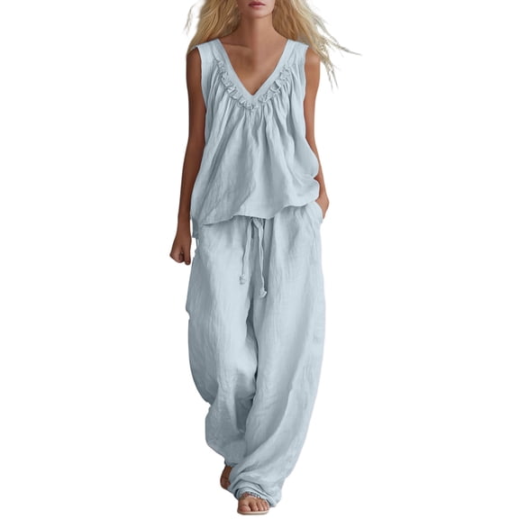 TEAJOPSUU Women's Cotton Blend 2 Piece Summer Sets Flowy Outfits Sleeveless V Neck Tank Tops Baggy Wide Leg Drawstring Pants Sets for Loungewear Daily Light Blue