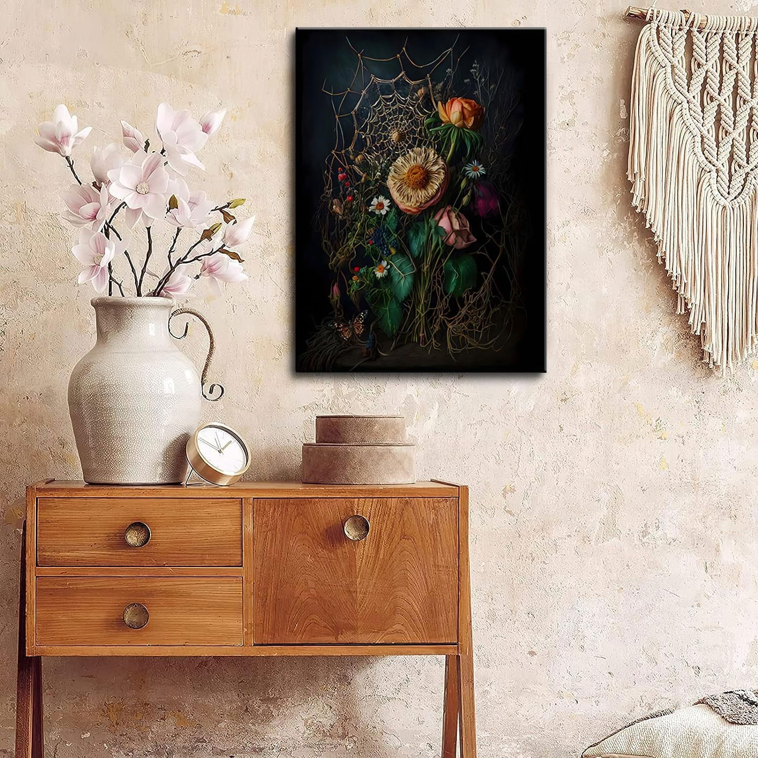 Framed Vintage Botanical Floral Spiderweb Canvas Moody Wall Art Prints Victorian Gothic Dark Academia Poster Wall Decor Aesthetic Room Art Retro Plant Oil Painting 12"x16"