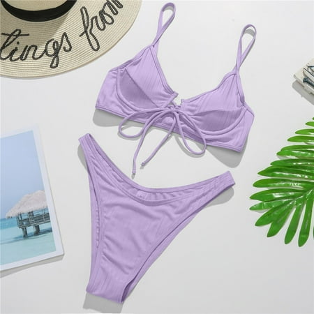 Aayomet High Waisted Bikini Bottom Stock Drop Bandage Push Up Bra Women s Bikini Set Solid Swimsuit Set Beachwear Triangle Purple L