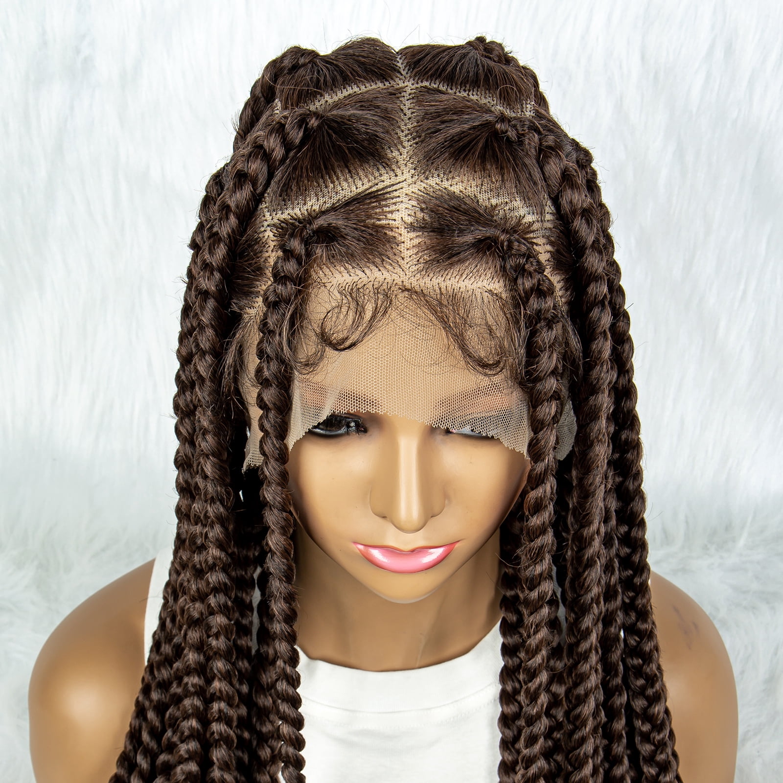 Full Lace Cornrow Braids Synthetic Lace Front Wig 1B/30 Color Brown 36 Inches Big Square Knotless Box Braids Wig with Baby Hair Braided Wigs for Black Women
