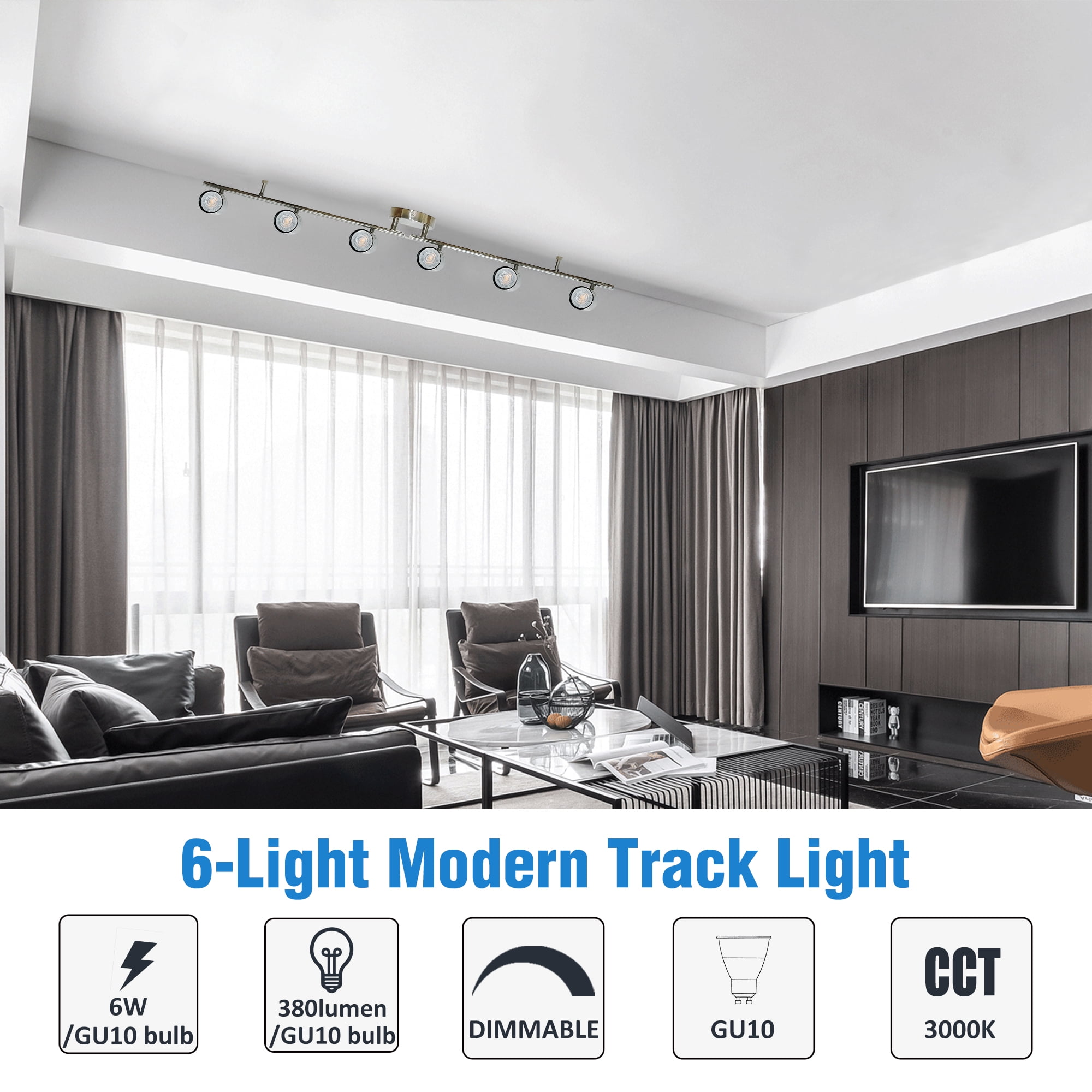 Mingbright 6-Light Brushed Nickel Track Lighting Kit with GU10 LED Bulbs - 44.5” Adjustable Ceiling Spotlight Fixture, 270° Swivel & 90° Tilt for Kitchen, Living Room, Dining Room, Gallery Display