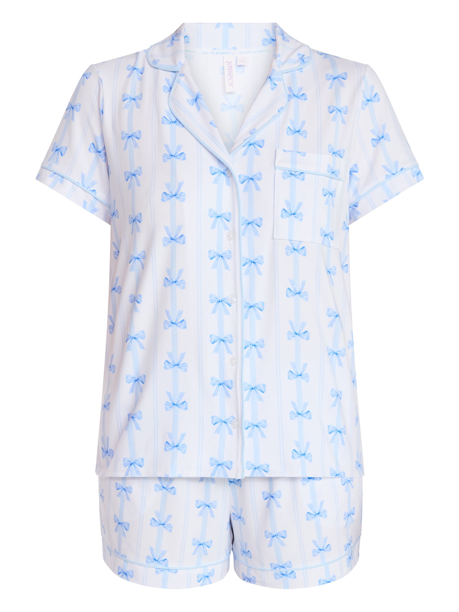 Joyspun Women’s Dreamy Soft Collection Bridal Short Sleeve Knit Notch Collar Top and Shorts Pajama Set, 2-Piece, Sizes XS-3X