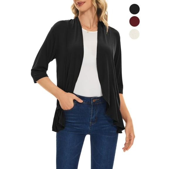 Spencer Women's 3/4 Sleeve Draped Ruffles Cardigans Open Front Waist Length Solid Cardigan Casual Tops "L, Black"