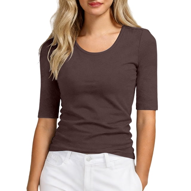 Glisme T-Shirts Surdimensionnés pour Femmes Col Rond Manches Courtes T-Shirt Tee Uni Tenue Classique 5TG Café