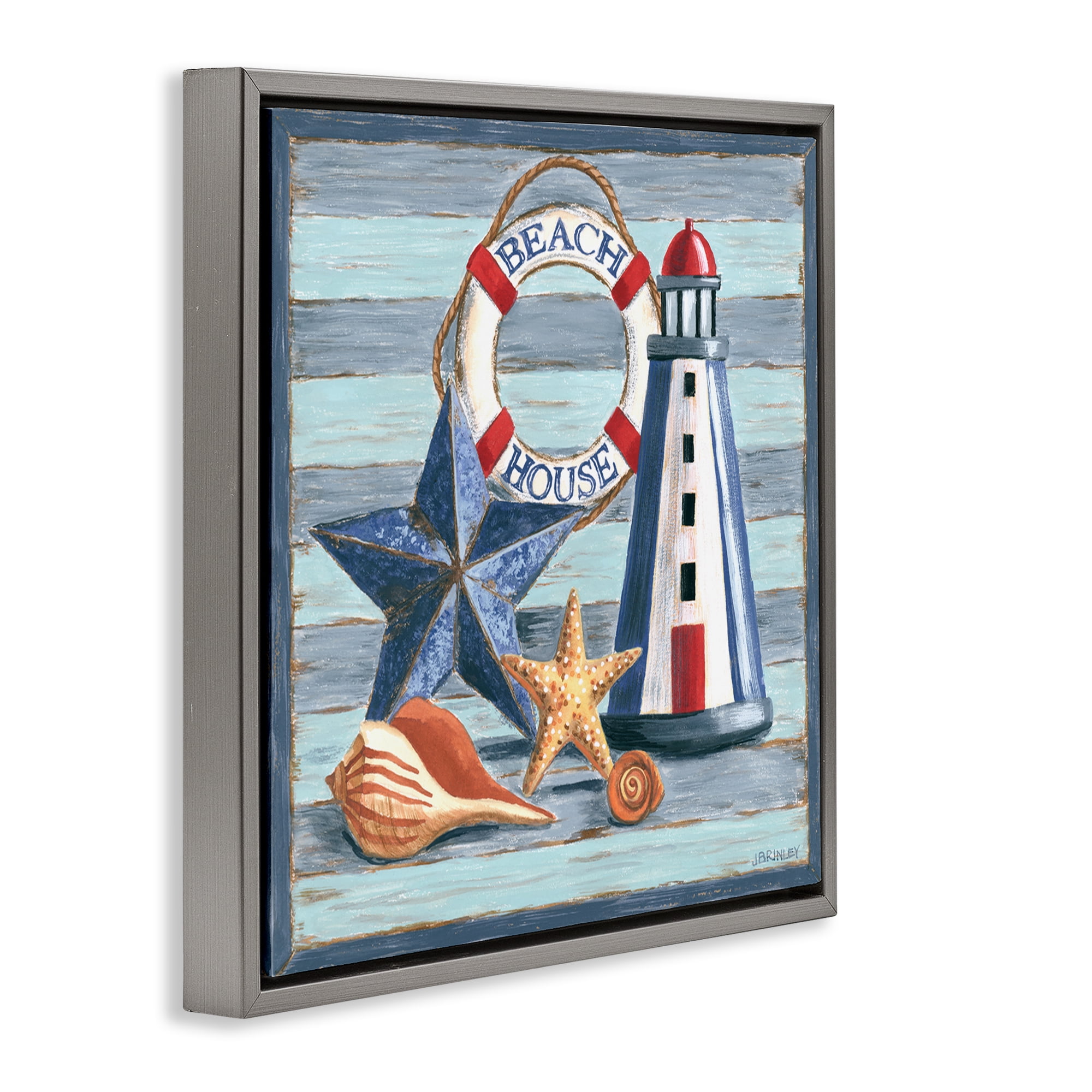 Stupell Industries Rustic Beach House on Stripes Nautical & Beach Painting Gray Floater Framed Canvas Art Print Wall Art, 25 x 25