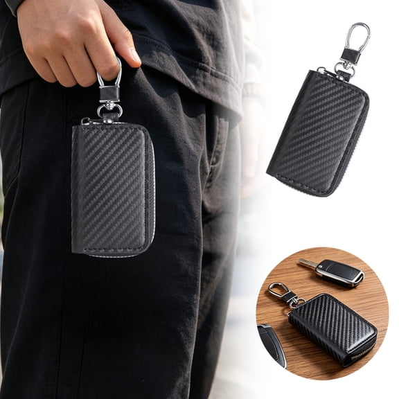 WYanRUI Carbon Fiber Textured Zipper Key Case with Carabiner Clip, Compact Universal Car Key Fob Pouch Small Coin Card Storage Wallet for Daily Travel Carry