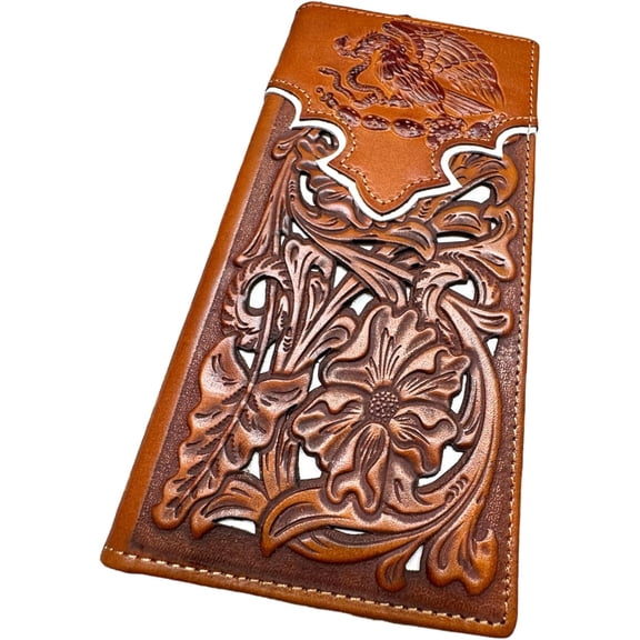 Western Stakes Mens Coat Of Arms Of Mexico Western Leather Long Wallet Floral Cutout Golden Eagle Snake Layered Checkbook Style Mens Wallets Leather Bull Rider Rodeo Gifts For Men (Brown & White)