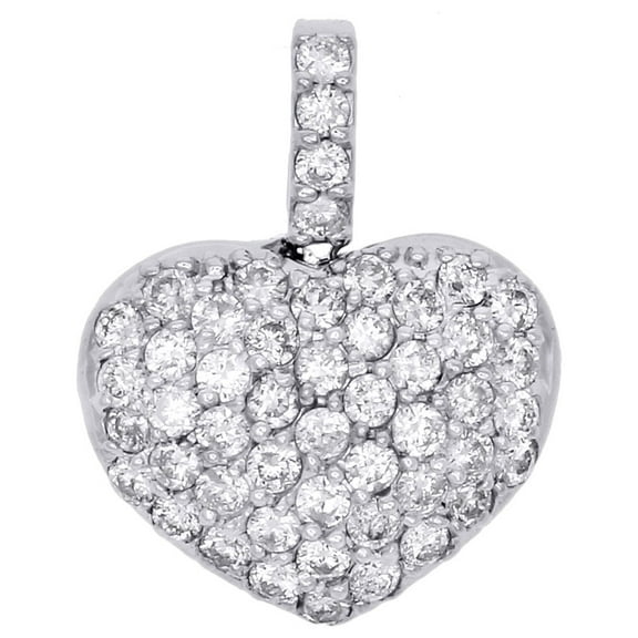 14k White Gold Dome Puff Heart Genuine Diamond Pendant 0.70" Pave Charm 0.86 CT.