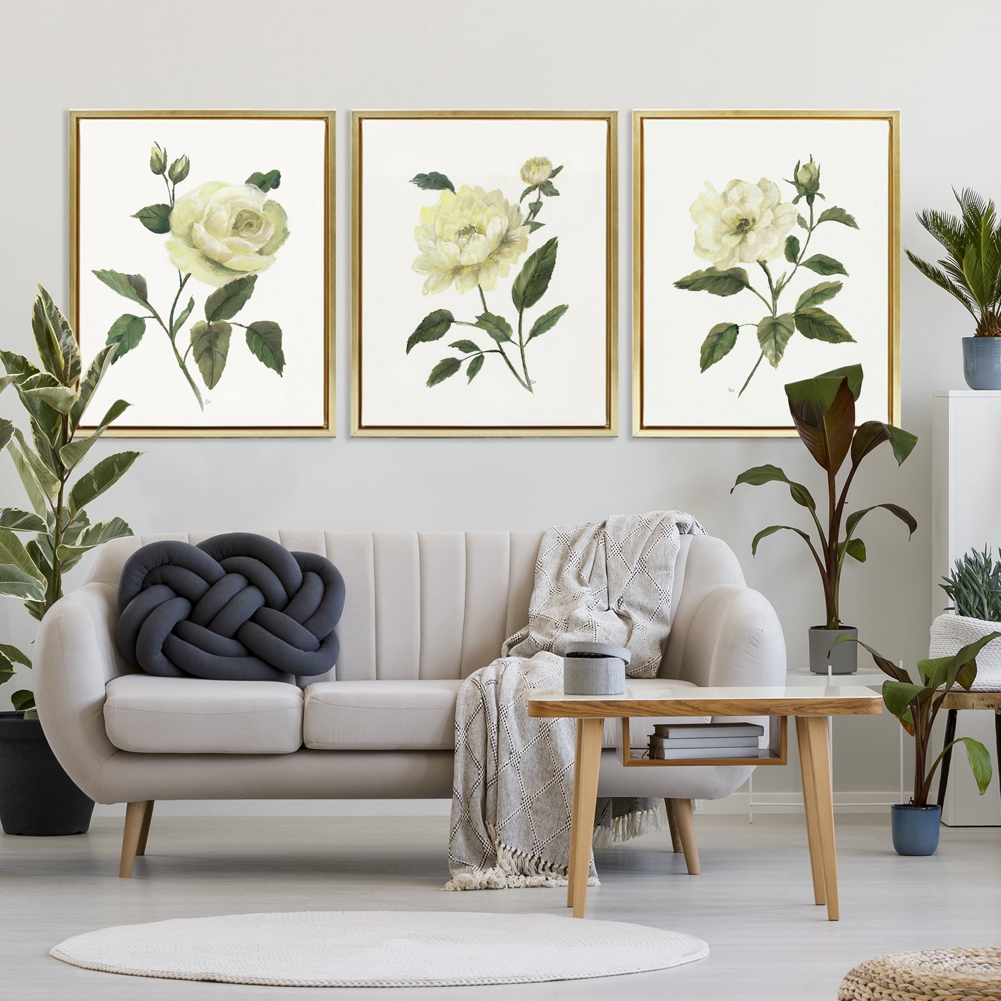 Stupell Industries Ivory Budding Garden Flowers 3 Piece Gold Framed Floater Canvas Set, design by Nan