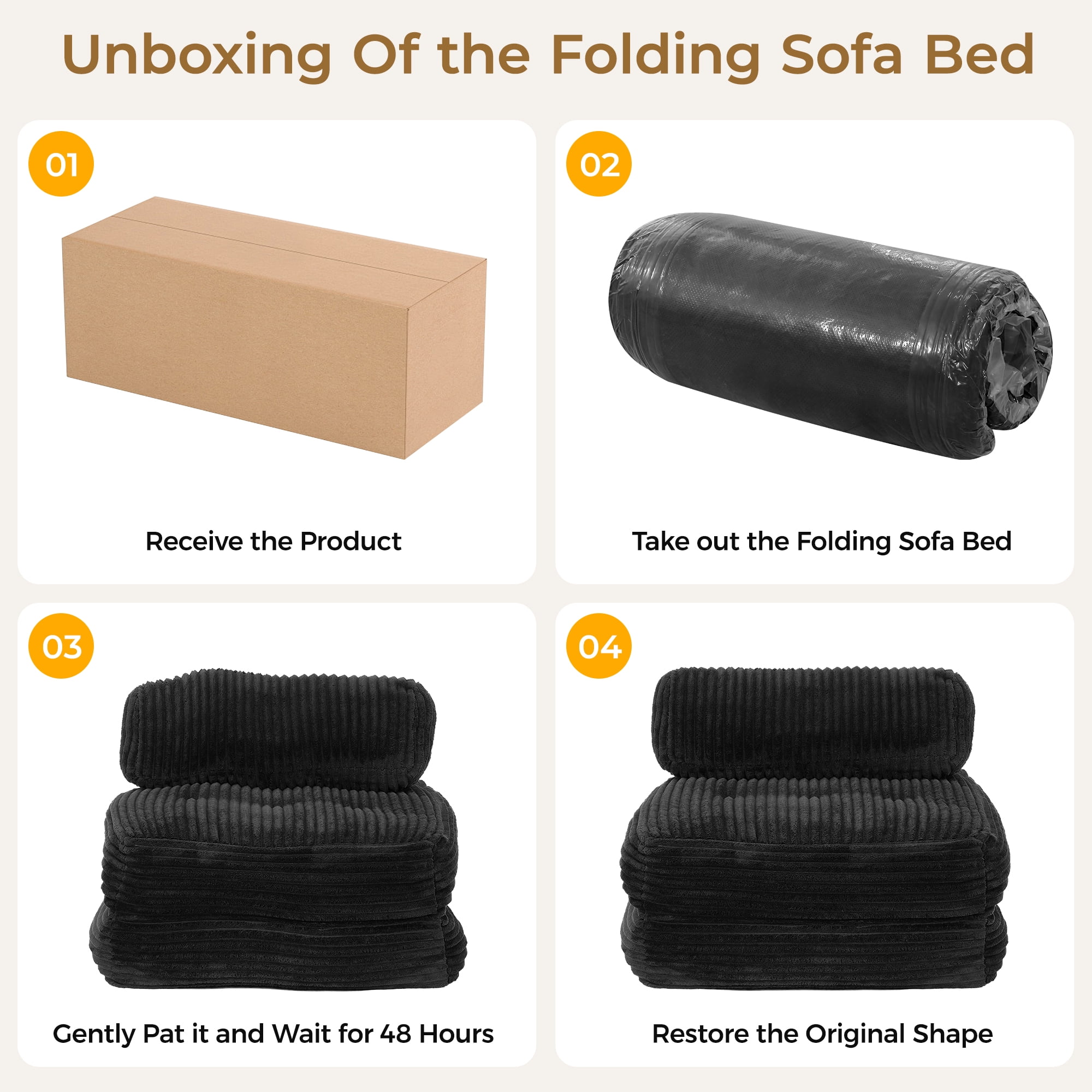 Neche Single Corduroy Convertible Sleeper Sofa - Folding, Pillow Included, Back Support, Portable for Living Room & Bedroom, Black