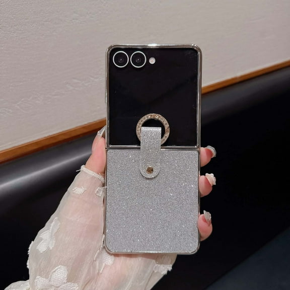 Compatible with Samsung Galaxy Z Flip 7 FE/6 Phone Case,With Diamond Metal Ring Holder,Bling Glitter Back Design,Electroplated Bumper PU Leather Shockproof Anti-Scratch Phone Case,Silver