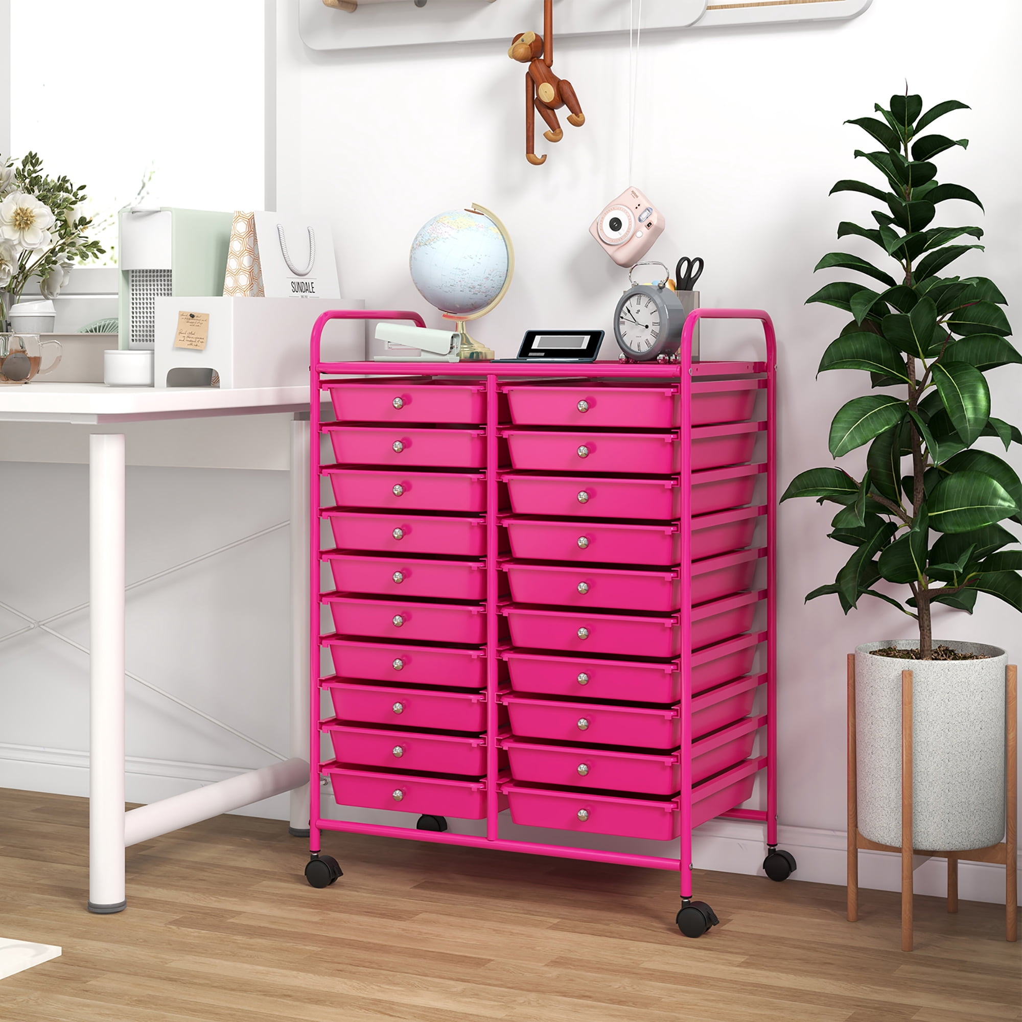 Gymax Rolling Storage Cart Art Craft Organizer on Wheels Multipurpose 20 Drawers Hot Pink