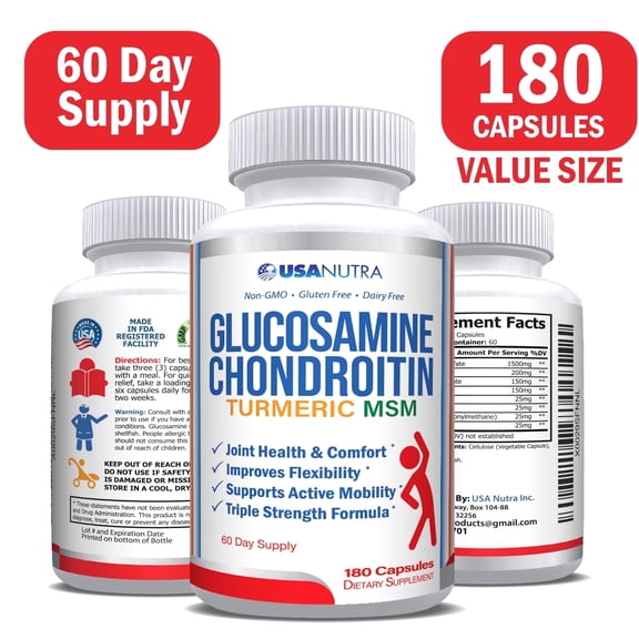 USANUTRA Glucosamine Chondroitin MSM Turmeric Boswellia Triple Strength Joint Health Support 2100mg 60 Day Supply 180 Capsules
