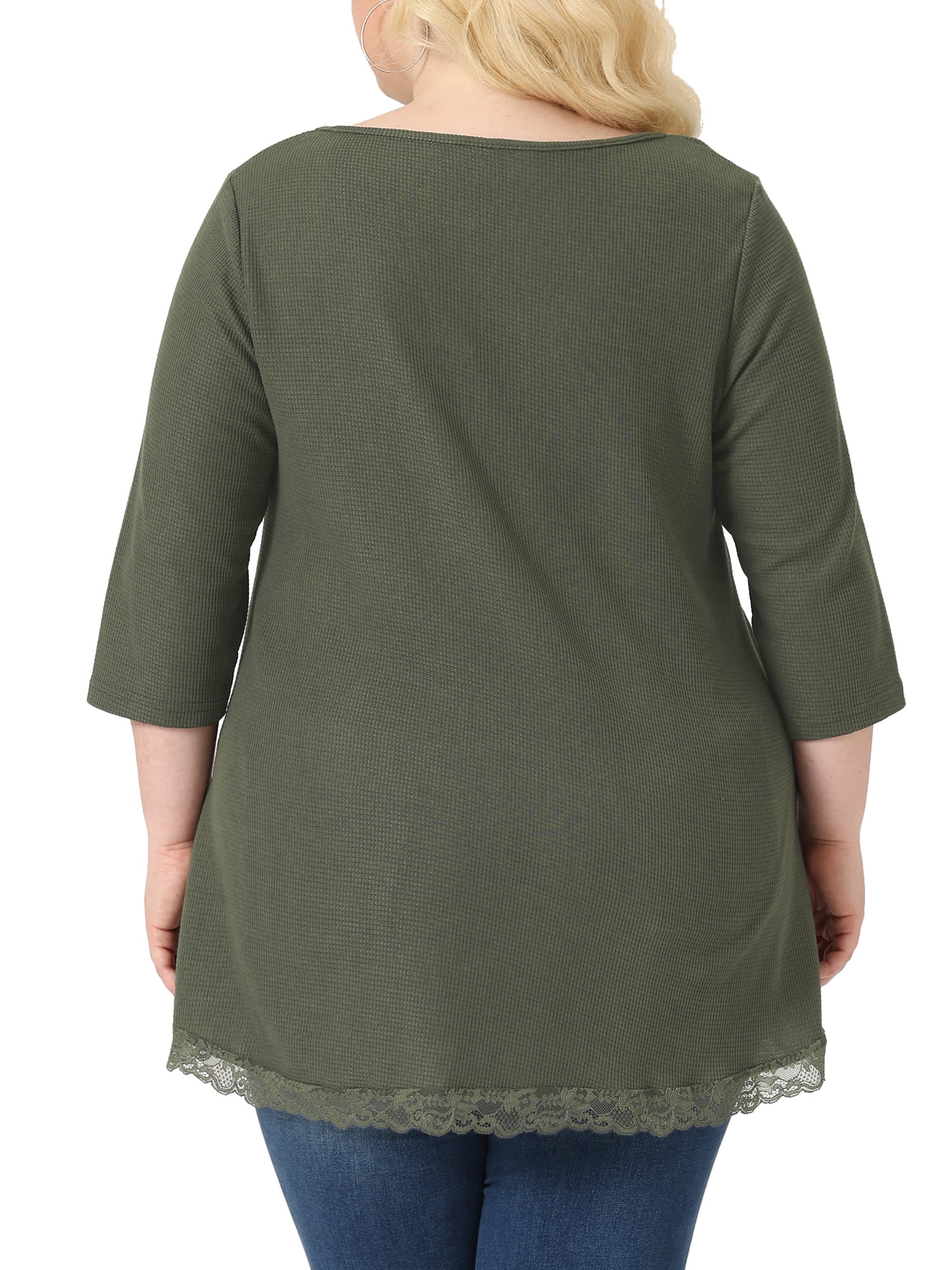 Unique Bargains Women's Plus Size Blouse Waffle Round Neck Lace Panel High Low Hem Tops 2X Army Green