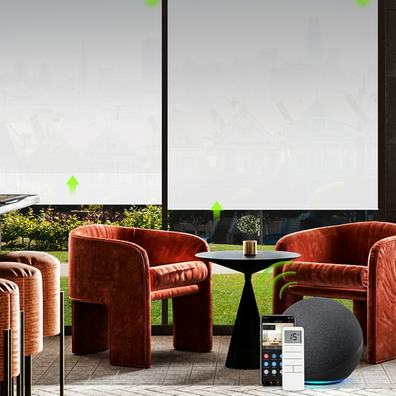 Yoolax Motorized Solar Shade Romote Control Light Filtering Roller Blinds Transparent Sight Auto Window Blinds(90% Blackout White,25"W x 72"H)