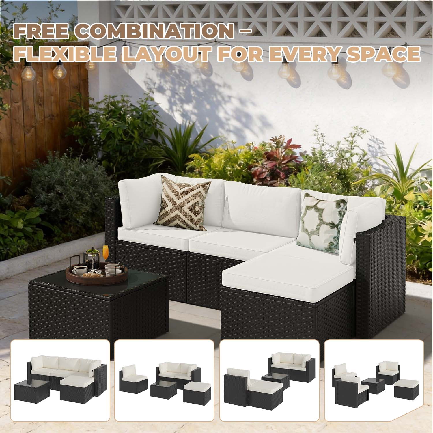 BaPiPro Modular Outdoor Wicker Patio Furniture Set with Tempered Glass Coffee Table & Removable All-Weather Cushions for Backyard, Poolside & Balcony Beige