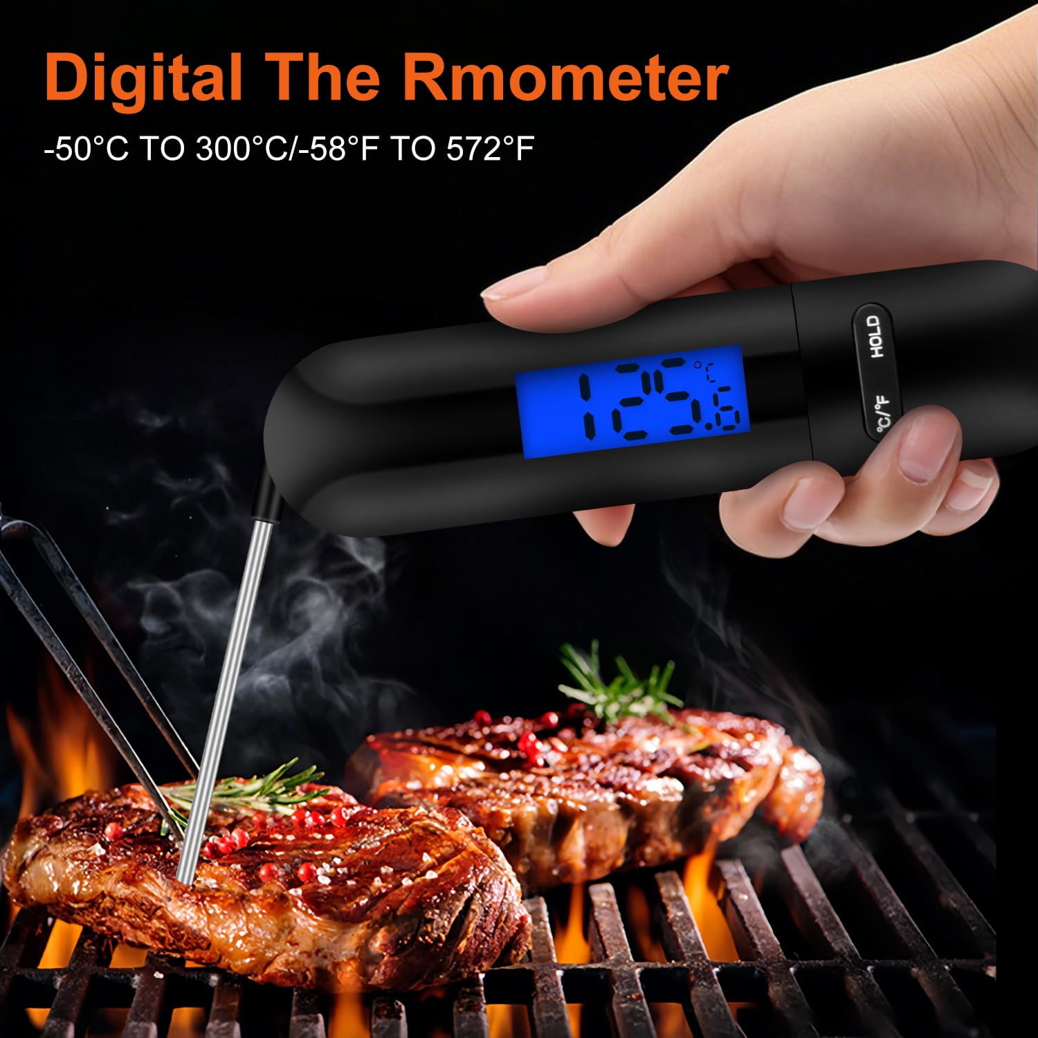 Meat Thermometer for Cooking,AILKIN Foldable Waterproof Instant Read Wireless Digital Grilling Thermometer Food Cooking Thermometer for Meat,Steak,Grills,Kitchen,Turkey,BBQ(Black)