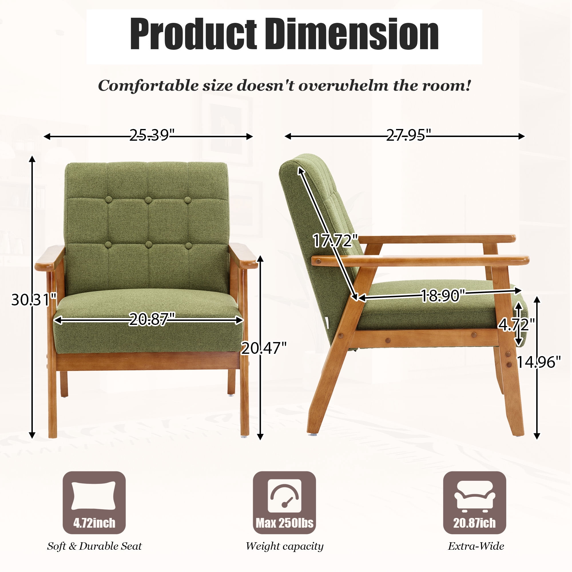 MOONMISS Mid-Century Modern Accent chair,Leisure Chair with Solid Wood Armrest and Feet