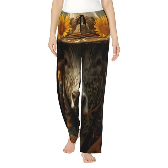 Fotbe Sunflower Cowboy Hat Cow Pantalones de Pijama para Mujer, Pantalones de Dormir, Pantalones Pj con Cordón y Bolsillos-Small