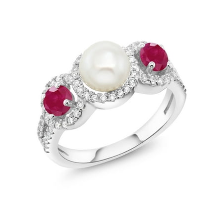 - 1.40 Ct Round Cultured Freshwater Pearl Red Ruby 925 Sterling Silver Ring