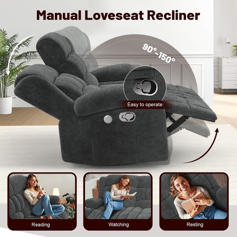 ODUMDUM Loveseat Recliner Sofa, Fabric Manual Pull Tab Reclining Loveseat with USB Charge Ports, Cup Holders, Recliner Love Seat Couches for Living Room, RV, Gray