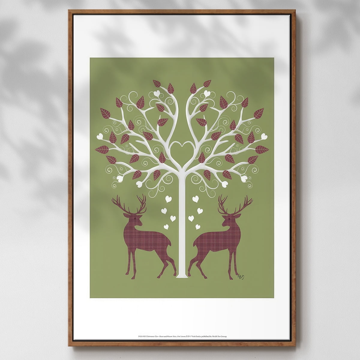 Christmas Des - Deer and Heart Tree, Pink On Green - Framed Gallery Wrapped Holiday Canvas - 25 x 37 - Rosewood Frame