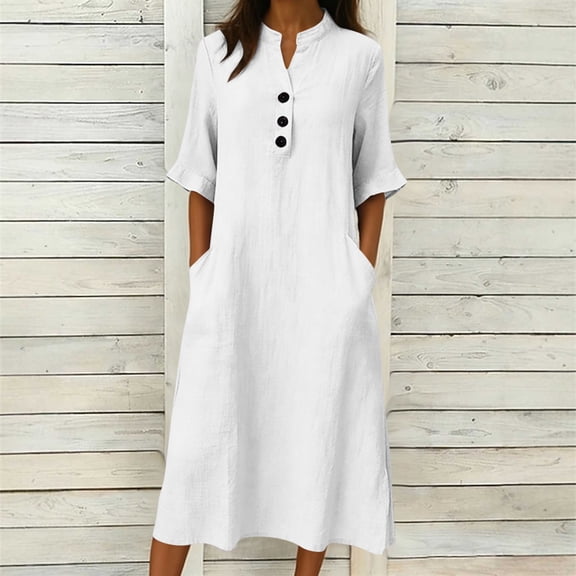 YueHuiYing Long Sleeve Dress for Women Casual V Neck Pleated Button Down 3/4 Sleeves Knee Length Midi Dresses with Pockets