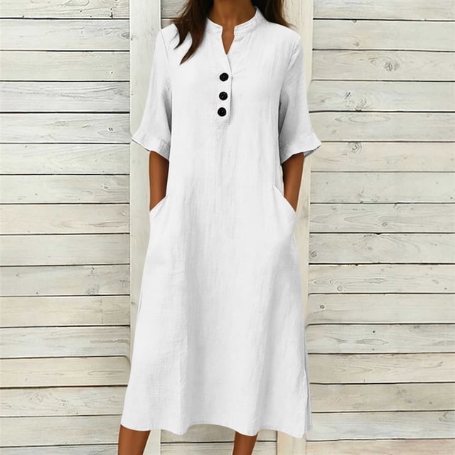 TaTaai Ladies V-Neck Ruffle Half Sleeve Solid Color Long Dress Button Down Design with Pockets Fashion Casual Comfortable Dress for Women Gift