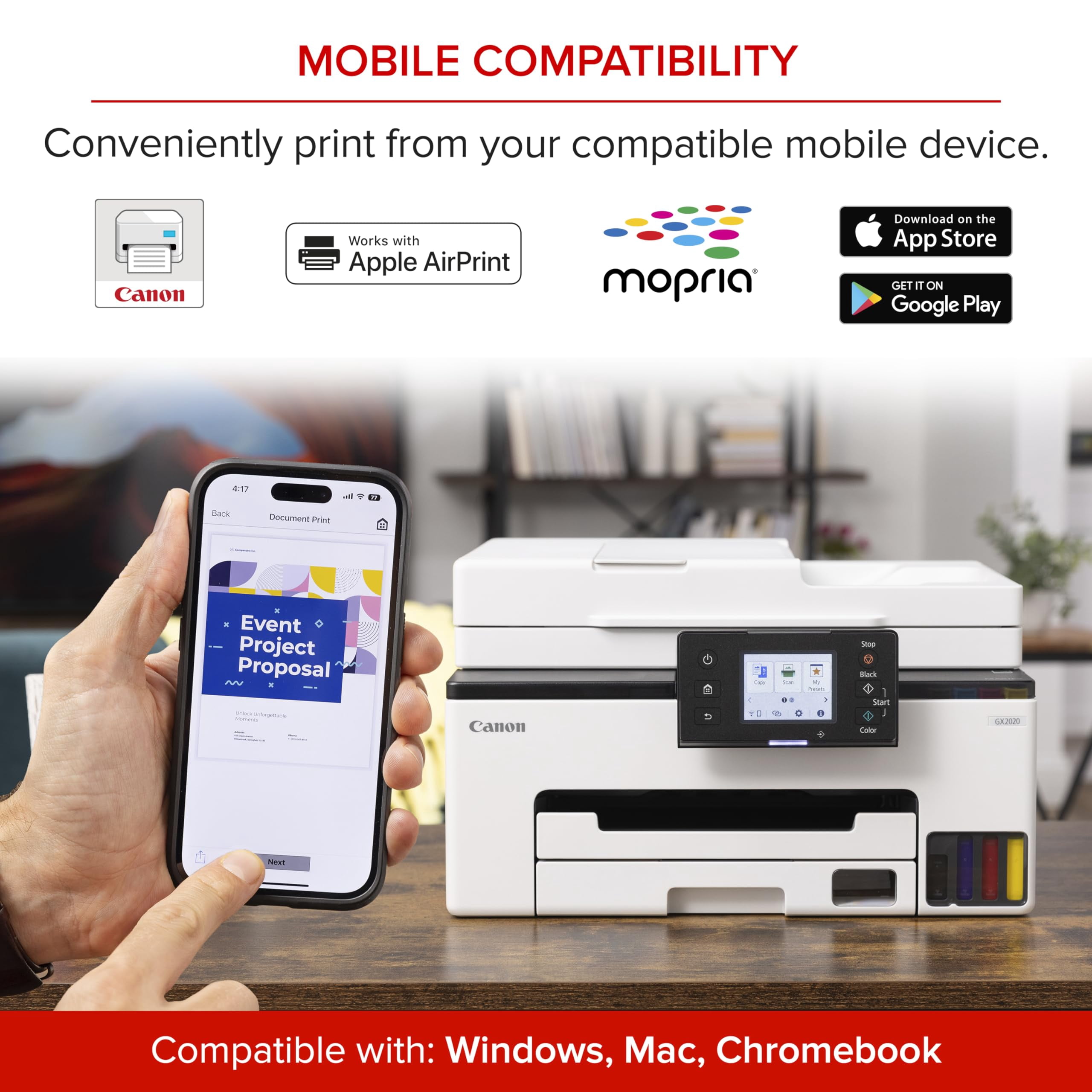 Canon MAXIFY GX2020 MegaTank All-in-One Wireless Color Inkjet Printer Copier Scanner with Duplex Printing Refillable Ink Tank for Home Office