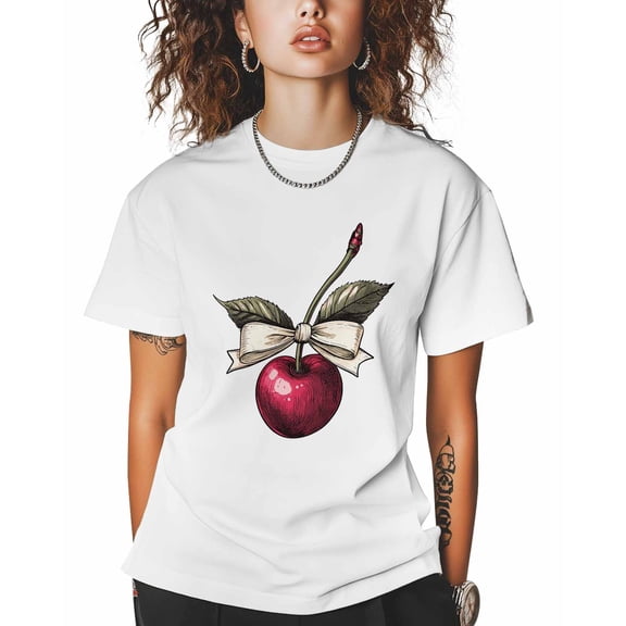 T Shirts for Women Short Sleeve Cotton Crewneck T-Shirt, Cherry with White Bow Tee Tops Casual Basic T-Shirts, XS-5XL White M
