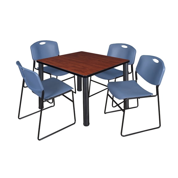 Romig Trek 36 in Square Breakroom Table- Cherry Top, Black Legs, 4 Zeng Stack Chairs- Blue