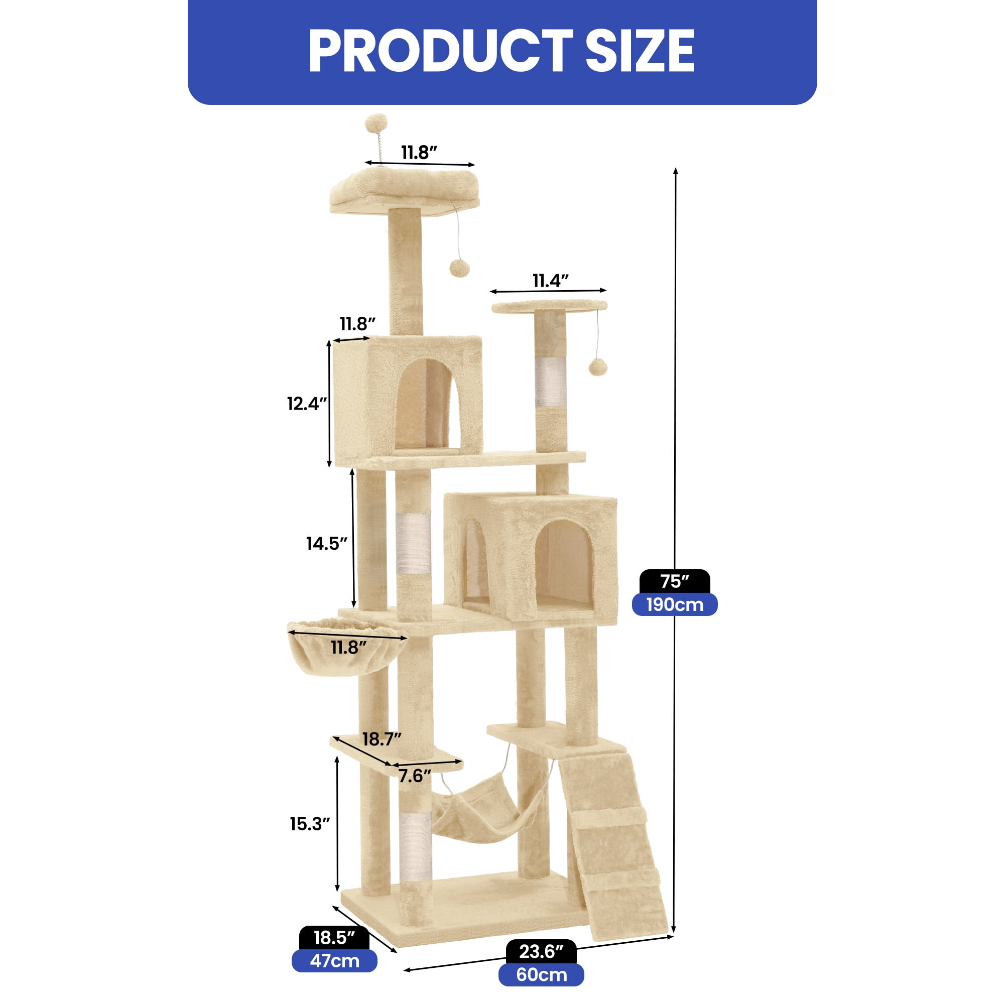 Uforic 75"Cat Tree Tower for Large Cats,Multi Level Play Tower Condo  with Scratching Posts&Hammock, Beige