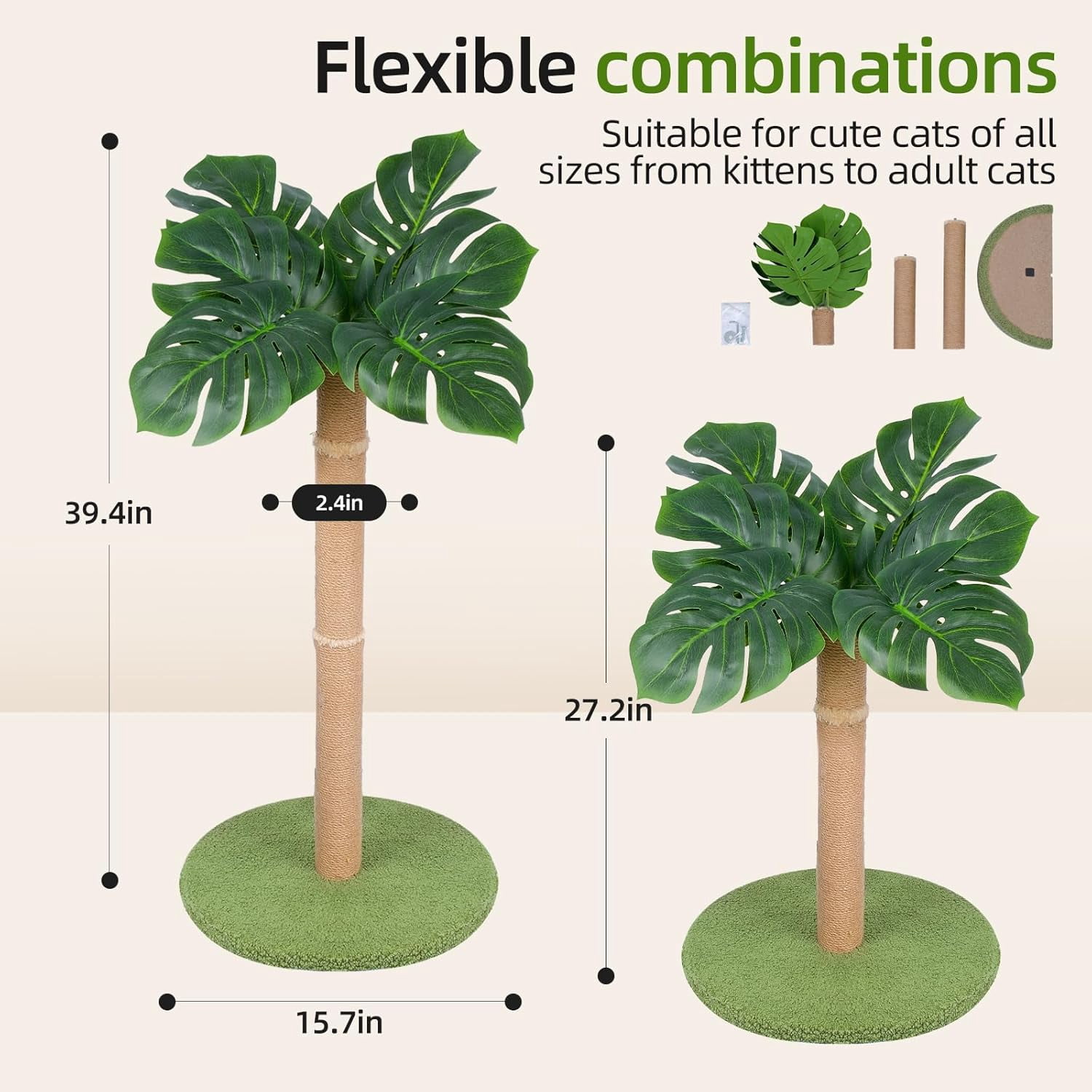 Cat Scratching Post 39.4 inch Tall Cat Tree for Indoor Cats Large Adult Cat Scratching Post with Sisal Rope,Cute Kitten Cat Scratcher in Monstera Plants