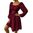 thumbnail image 2 of SAYOO Vestido de primavera para mujer, vestido de cintura alta fruncido con cuello cuadrado liso de manga larga, trajes hasta la rodilla con lazo en la cintura para mujer SAYOO  moda, 2 of 5