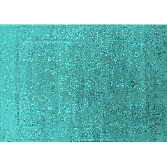 Ahgly Company Machine Washable Indoor Rectangle Oriental Turquoise Blue Industrial Area Rugs, 7' x 9'
